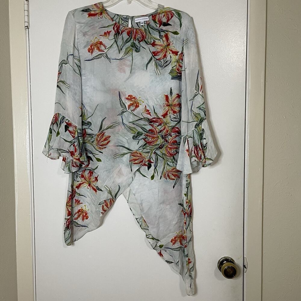Ala von Auersperg floral asymmetrical flutter sleeve silk tunic top size medium